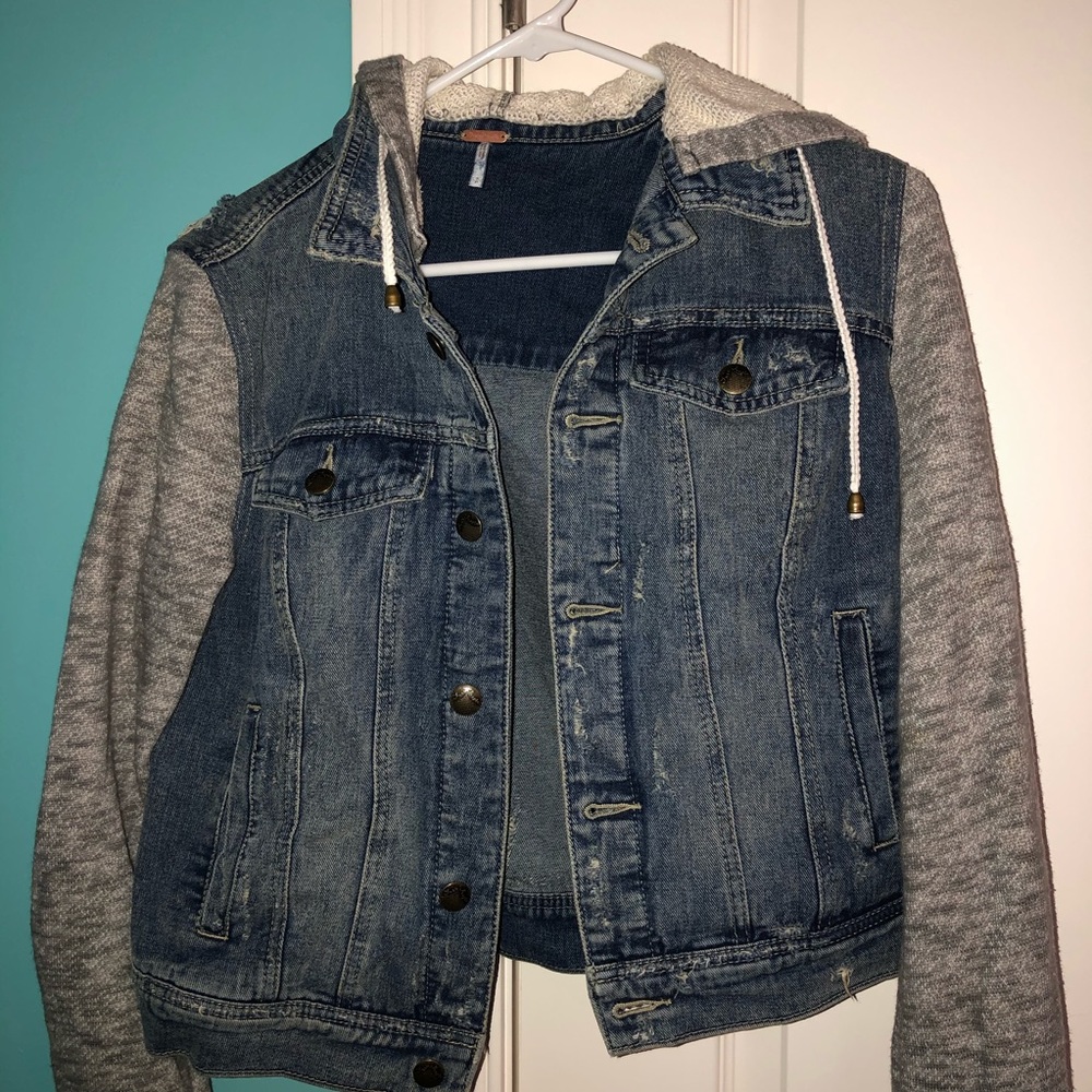 Free People Distressed Jean Jacket/Knit Hoodie